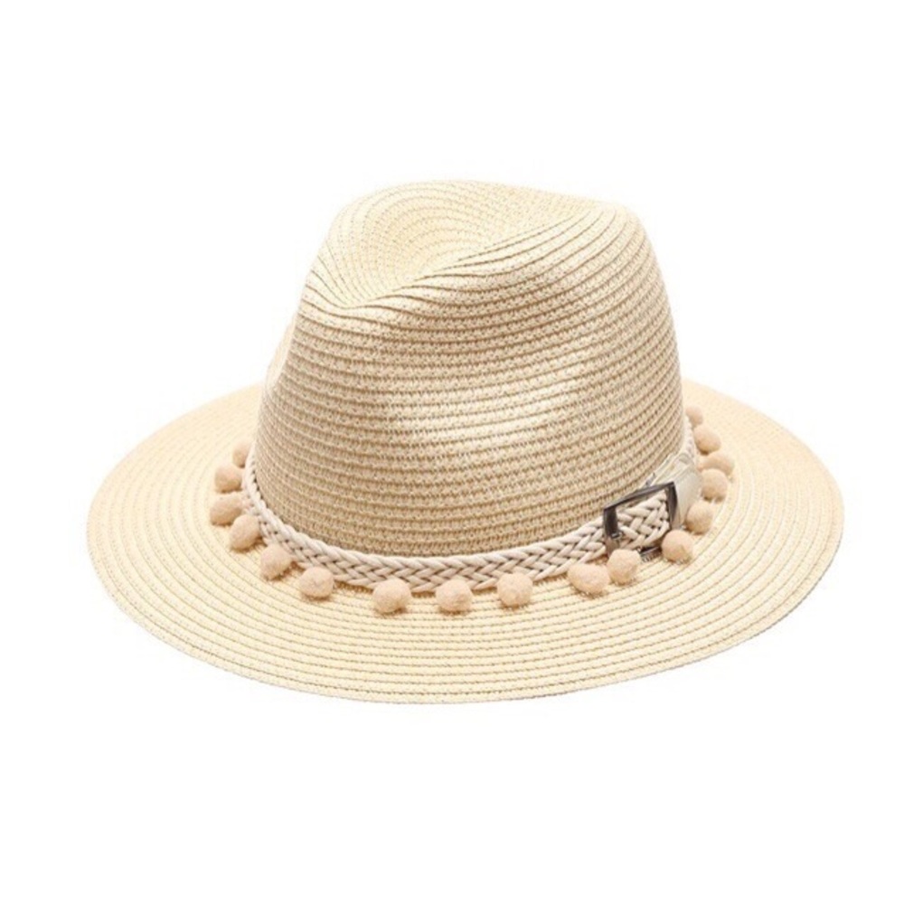 Natural Pom Pom Belt Straw Panama Hat